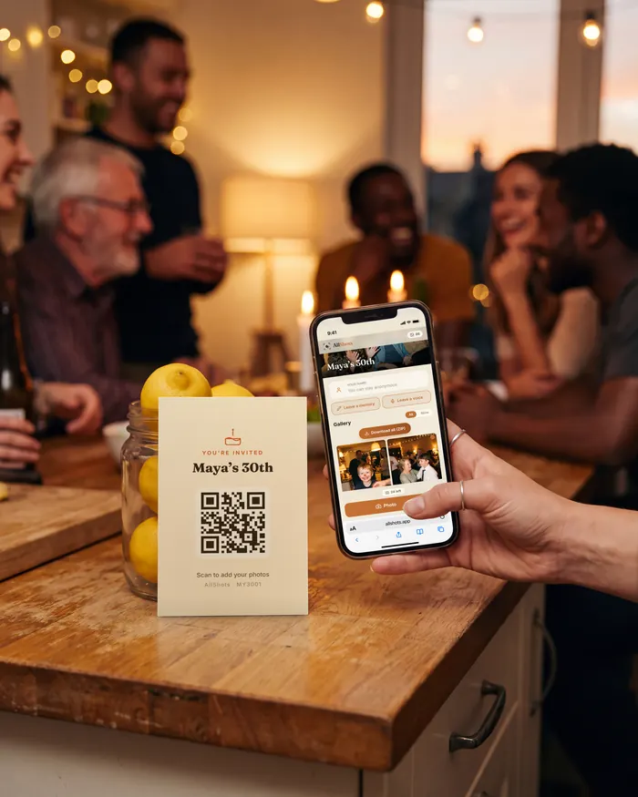 A guest holds her phone next to a table card; the phone shows the AllShots page in the browser with Photo and 24 left.