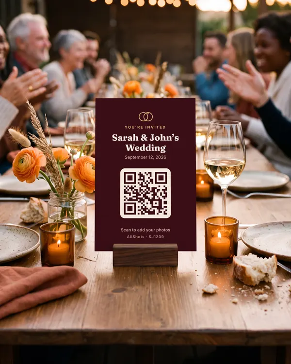 An Elegant table card with a QR code on a candlelit dinner table.