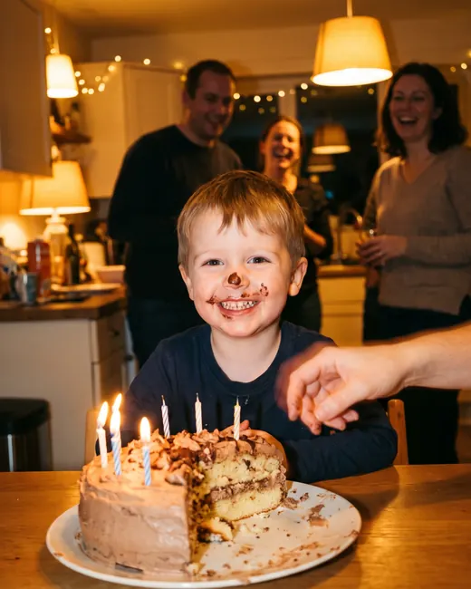 A little boy with frosting on his nose grins over his birthday cake.