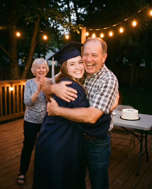 A graduate in her gown and cap is hugged by her laughing father at a backyard party.