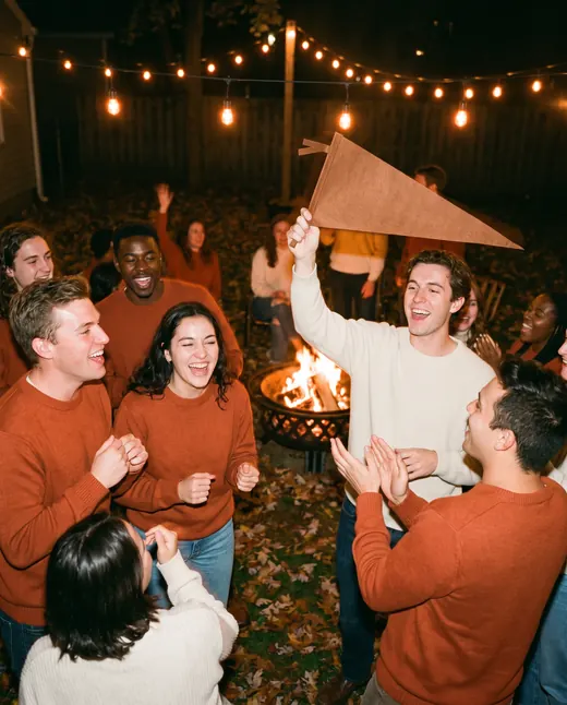 Friends in rust and cream sweaters cheer around a backyard fire pit, one waving a pennant.