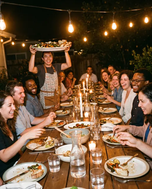 Friends around a long table under string lights laugh as the host carries out a big platter.