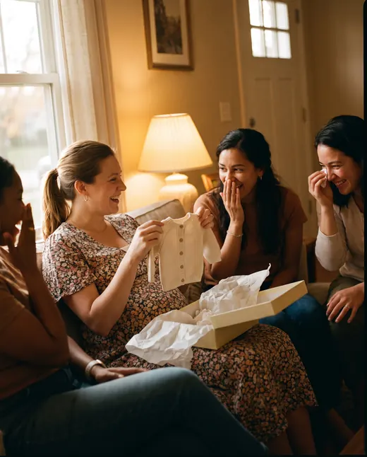 A mother-to-be holds up a tiny knitted cardigan while her friends gasp and laugh.