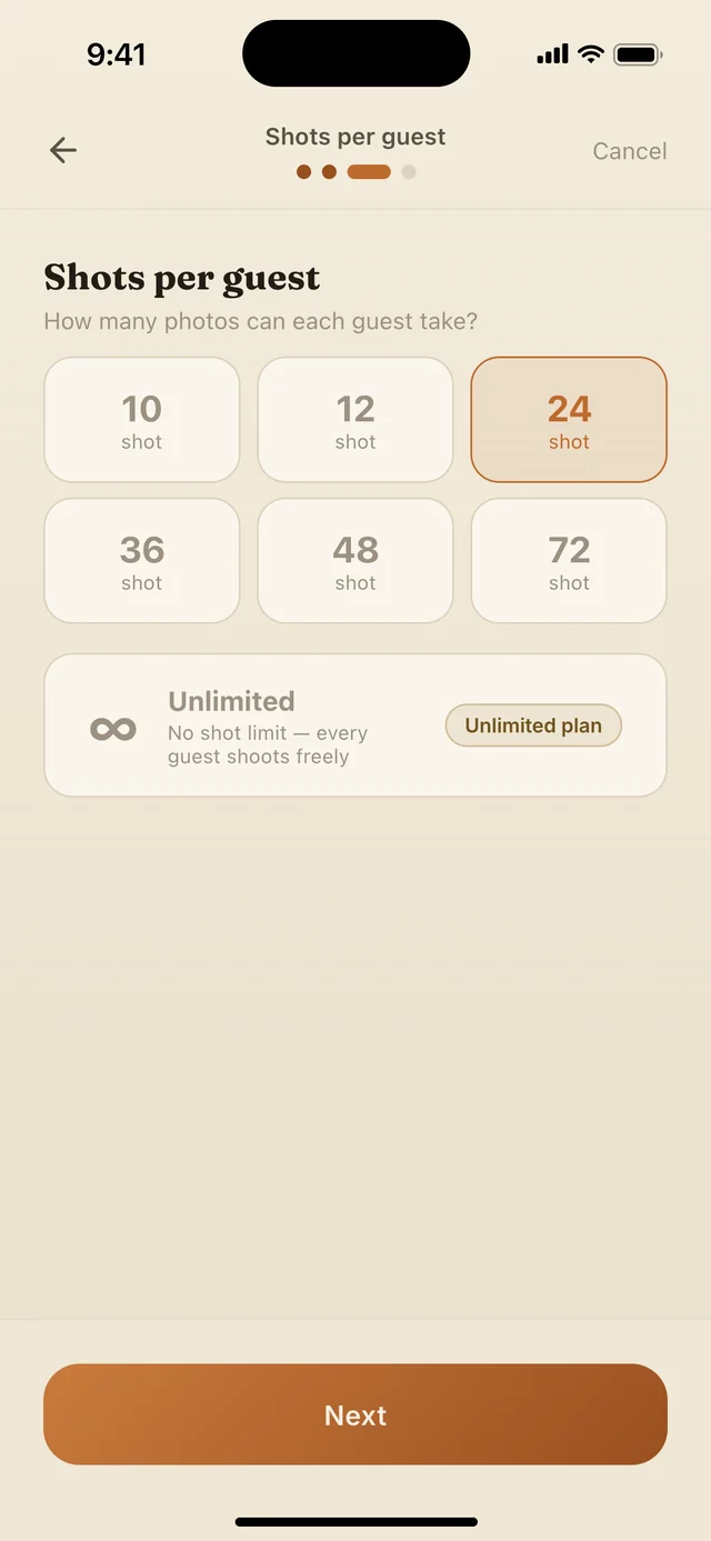 The AllShots app’s event setup, with 24 shots per guest selected.