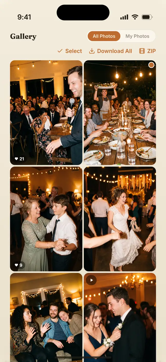 The AllShots gallery in the app, with Select, Download All and ZIP.