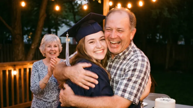 A graduate in cap and gown hugging her father at a backyard party while her grandmother claps