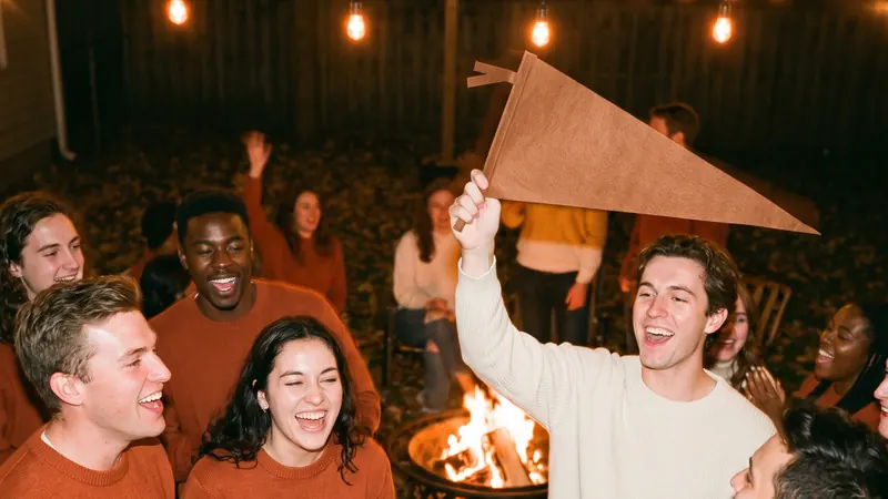 Friends in team colours cheering around a fire pit as one waves a pennant
