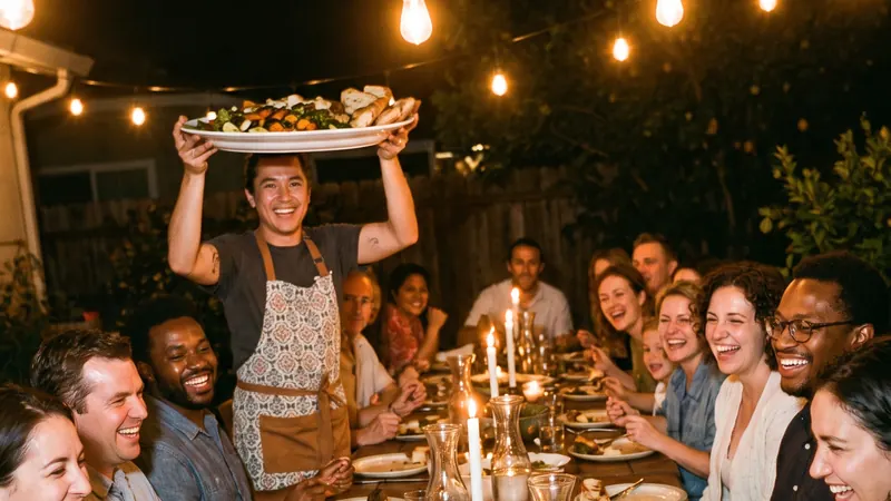 A host carrying a platter to a long candlelit table of laughing friends in a backyard